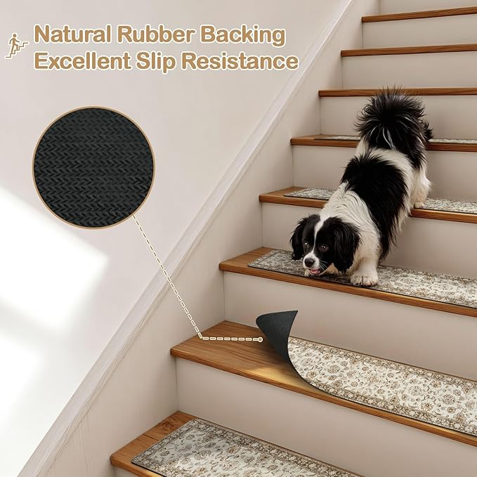 OJIA Vintage Stair Treads Non-Slip Stair Runners for Wooden Steps Indoor 15PCS 30"x8" Carpet Stair Treads Mats Staircase Step Treads for Kids, Elders and Dogs, Stair Covers, Beige