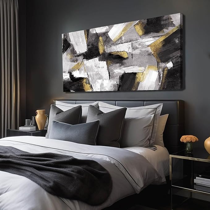SOUGUAN Black and Gold Block Canvas Art Modern Wall Decor for Living Room Abstract Wall Art White Painting 24x48 Inch Office Hanging Artwork