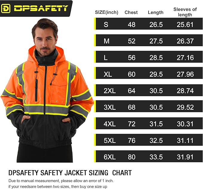 Hi Vis Safety jacket for men,Reflective high Visibility Hooded jacket,Work Bomber Jacket with Pockets and Zipper,Waterproof,ANSI Class 3 Black Bottom Tangerine,Small