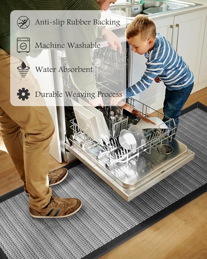 PADOOR Non Slip Kitchen Rugs Sets of 2 - Extra Large 2.5'x6' + 20"x32" Runner Rugs for Kitchen Floor Non Skid Washable, Absorbent Kitchen Mat for in Front of Sink 2 Piece Black