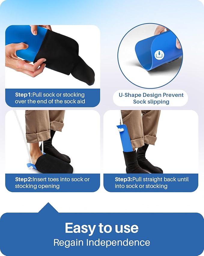 Jellas 4.6 Inch Wide Sock Aid Kit - Long Rope Assist Device for Seniors, Limited Mobility, Post-Surgery | No Bend Sock Helper & Remover | Easy On/Off Socks Tool (Blue)
