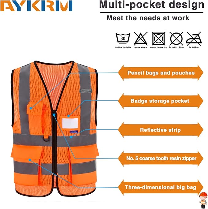 A-SAFETY High Visibility Mesh Safety Reflective Vest with Pockets and Zipper,Hi Vis Viz Reflective Safety Vest(Orange Mesh M)