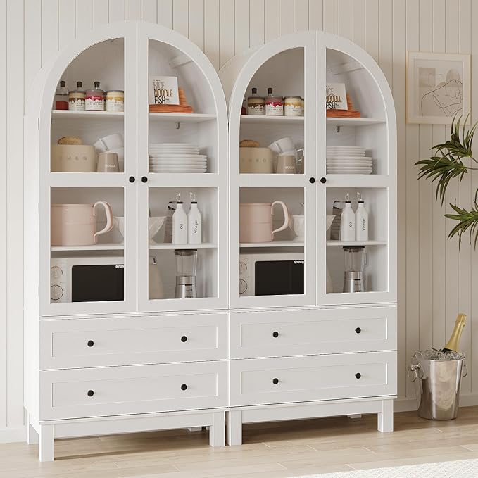 71" Tall Arched Kitchen Pantry, Kitchens Pantry Storage Cabinet with 2 Large Drawers and Adjustable Shelves, Modern Farmhouse Versatile Cupboard for Kitchen, Dining Room, Bathroom, White