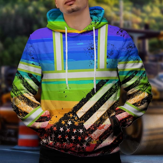 US Flag High Visibility Hoodie for Men Reflective Hoodie Safety Workwear for Worker Runner Patriotic ACC02