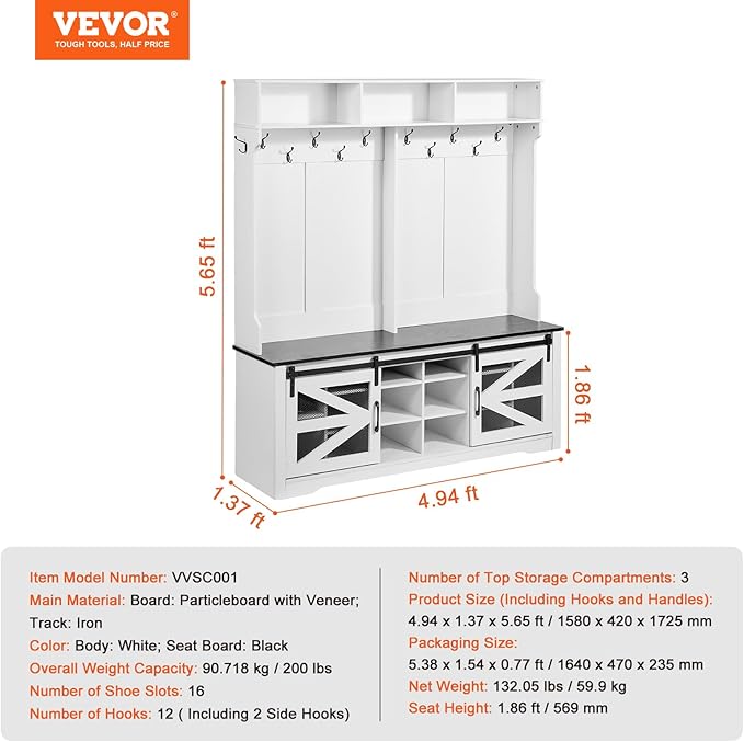 VEVOR Hall Tree Entryway Bench, LED Coat Rack with Shoe Storage, 59" Wide Mudroom Bench with Storage and Seating, Adjustable Shelves and 12 Hanging Hooks, for Mudroom, Entryway, Hallway