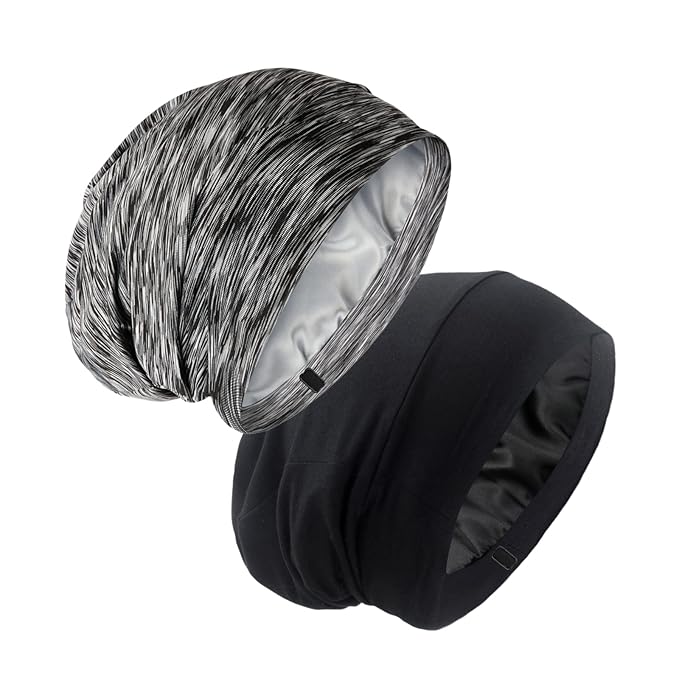 Silk Satin Lined Bonnet Sleep Cap - Adjustable Stay on All Night Hair Wrap Cover Slouchy Beanie for Curly Hair Protection for Women and Men - Black & Pink