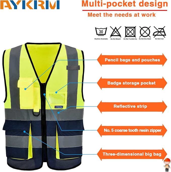 High Visibility Safety Vest with 4 Reflective Strips 7 Pockets,Yellow&Navy 6XL-8XL