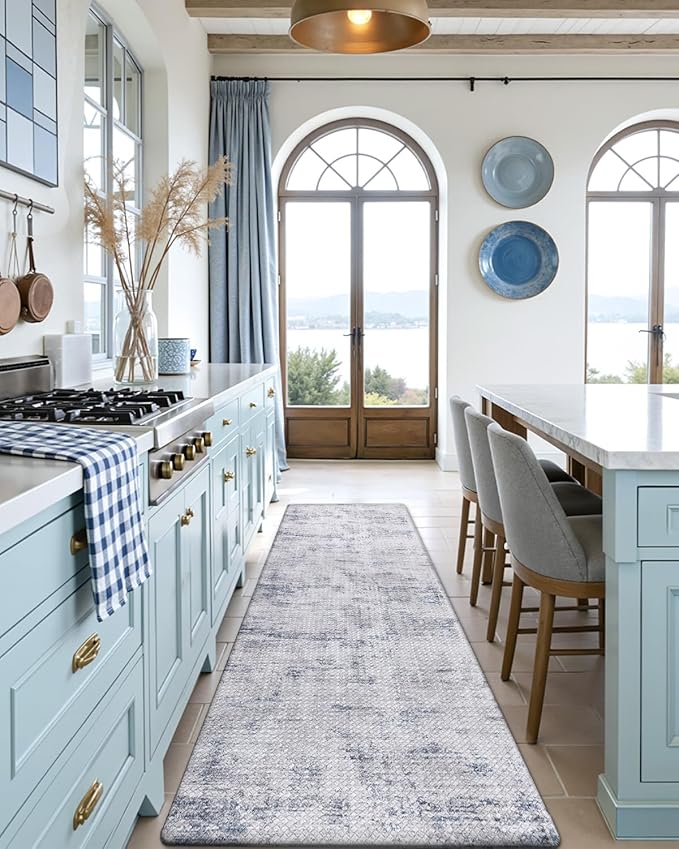DEXI Kitchen Floor Mats Cushioned Anti Fatigue, 23x86 Long Wide Standing Comfort Runner Rug, Waterproof Retro Floral Memory Foam Padded for Front Sink Laundry, Blue
