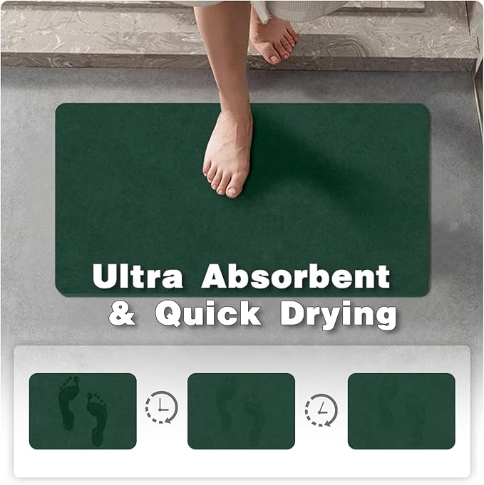 Bathroom Mat Quick Dry, Bathroom Rugs Non Slip Washable Thin Absorbent Bath Mat Fits Under Door Bathroom Floor Mat Perfect for Bath, Shower, or Sink 24"x60" Dark Green