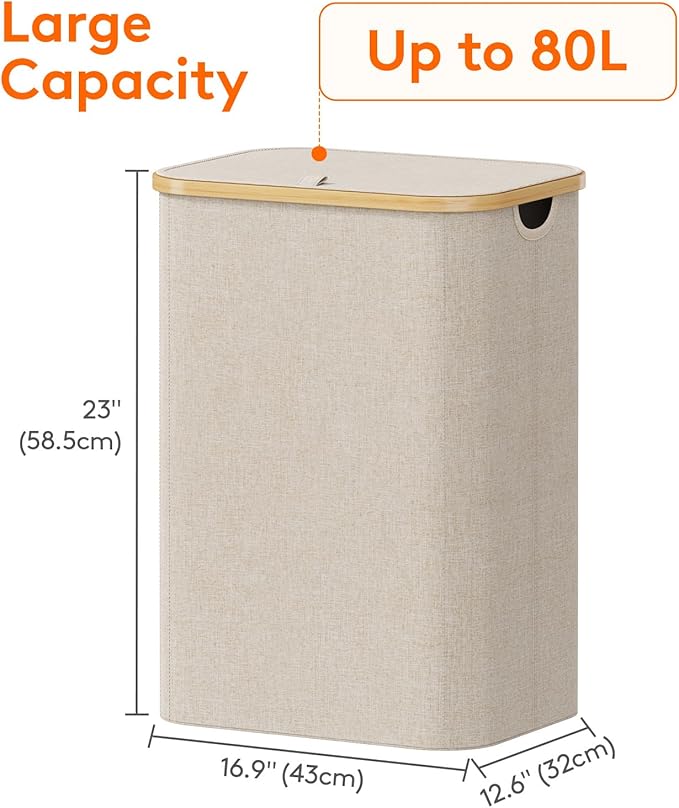 Lifewit 80L Laundry Basket with Lid, Clothes Hampers for Laundry with Bamboo Handles and A Removable Laundry Bag, Large Foldable Laundry Hamper for Bedroom, Bathroom, Dorm, Laundry Room, Beige
