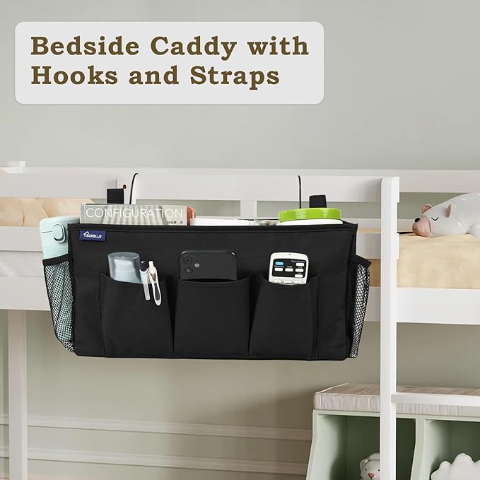 Surblue Bedside Organizer with Hook Bedside Caddy Hanging Storage Bag with Adjustable Straps and Water Bottle Holder for Home College Dorm Bunk Bed Accessories, Crib Bed Rails, Hospital Bed, Black