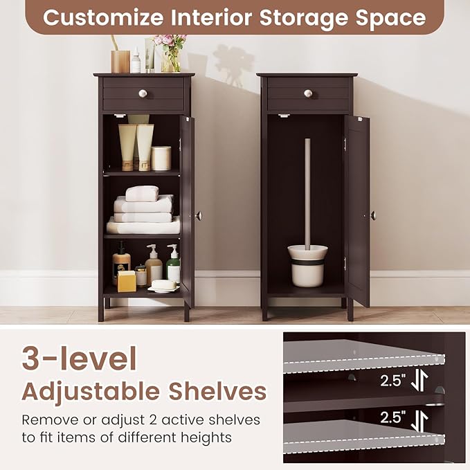 GLACER Floor Storage Cabinet, Multifunctional Freestanding Bathroom Storage Cabinet with 2 Adjustable Shelves, Ideal for Bathroom, Living Room, 14 x 12 x 34.5 inches (Brown)