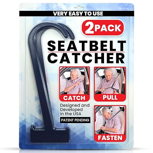 Seatbelt Catcher Seat Belt Aid Grabber - for Elderly & Disabled, Seatbelt Reacher Tool for Seniors with Back, Shoulder, or Elbow Injury, Easy Reach Mobility & Daily Living Aid, 2 Pack, Dark Blue