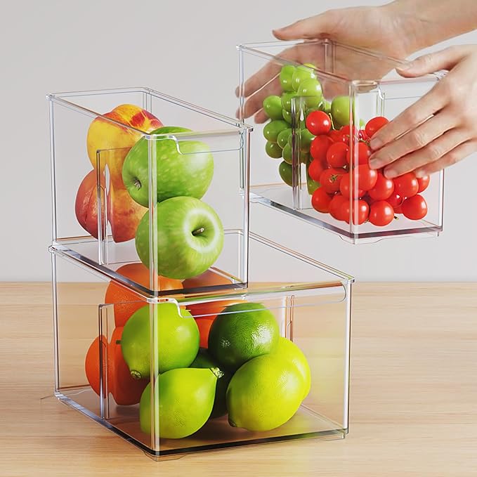 Clear Plastic Storage Bins with Dividers for Kitchen Pantry Organization, 3 Pack Thicken Stackable Storage Drawer Boxes for Refrigerator Cabinets Vanity Organizers and Storage, C6-1