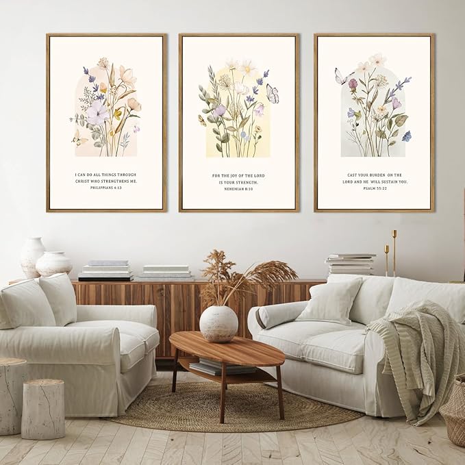 IARTTOP Extra Large Christian Floral Wall Art Framed 24x36 Inch Bible Verse Scripture Art Prints Minimalist Botanical Wildflower Religious Canvas Wall Decor for Living room Bedroom Set of 3