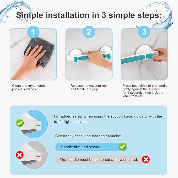 Showers Bathtubs Grab Bars, Suction Cup Handle with Pressure Indicator, Anti Slip Grip, Heavy Duty Safety Rail, Tool-Free Easy Install on Tile Glass Metal Wall Surface (Blue)