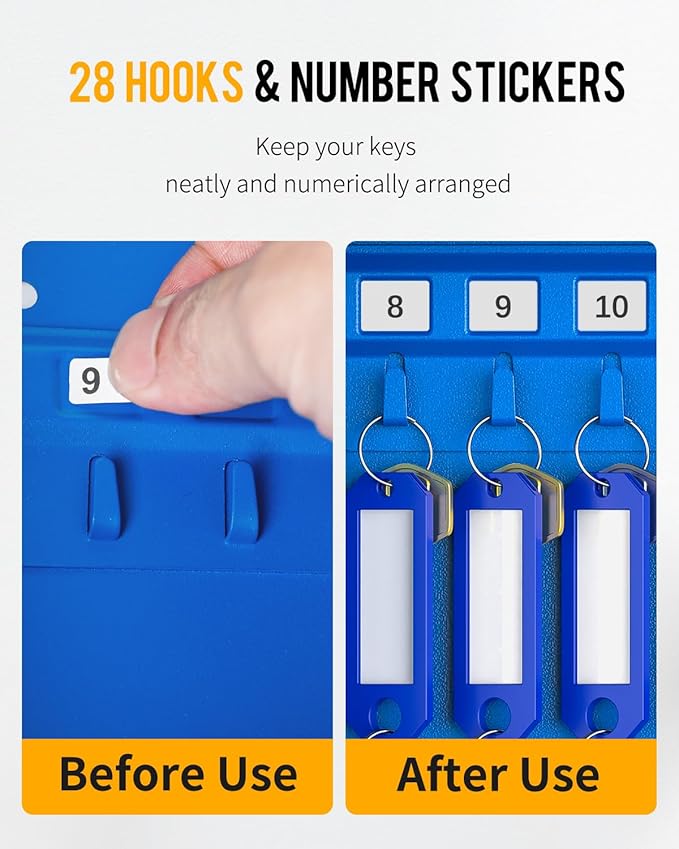 Uniclife 28 Keys Steel Key Cabinet with Resettable Code Blue Wall Mounted Key Organizer with Combination Lock Digital Security Box with Hooks and Large Key Tag Labels Identifiers in 5 Assorted Colors