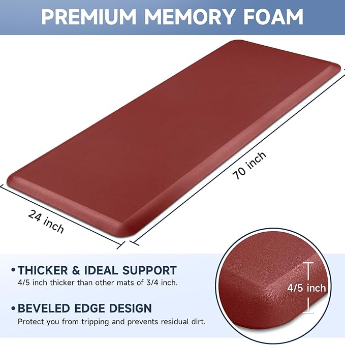 4/5 Inch Thick Kitchen Mats for Floor, StepRite Kitchen Rug for Standing Desk, Non-Slip, Thicker, Stain & Water Resistant, Comfort Anti Fatigue Floor Mat for Home, Kitchen, Office - Red,70 * 24''