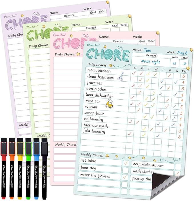 Magnetic Dry Erase Chore Chart - 8.5"x12" Behavior Responsibility Chore Board for Kids, Teenagers - 6 Extra Fine Point Markers Included - Shipped Flat 4 Pcs