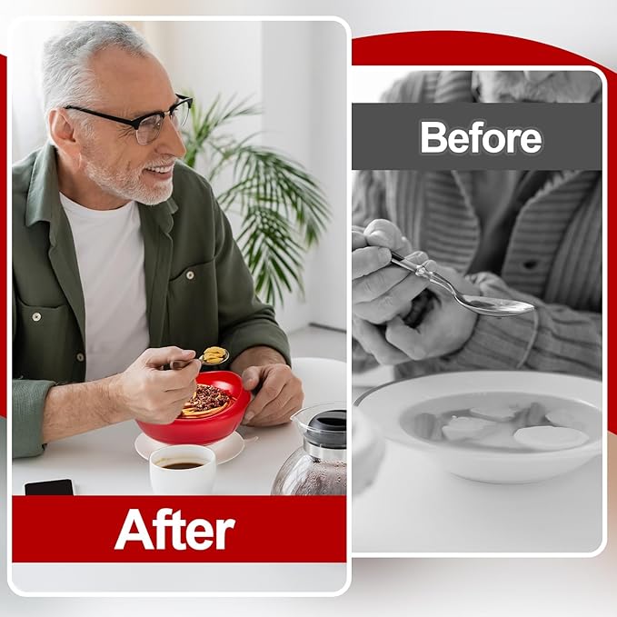 Hushee Adaptive Spill Proof Scoop Bowl and Plate Set with Suction Base Non Skid Self Feed Dinnerware for Elderly Disabled Handicapped from Parkinsons, Dementia, Stroke, Tremor(2 Sets,Red and White)