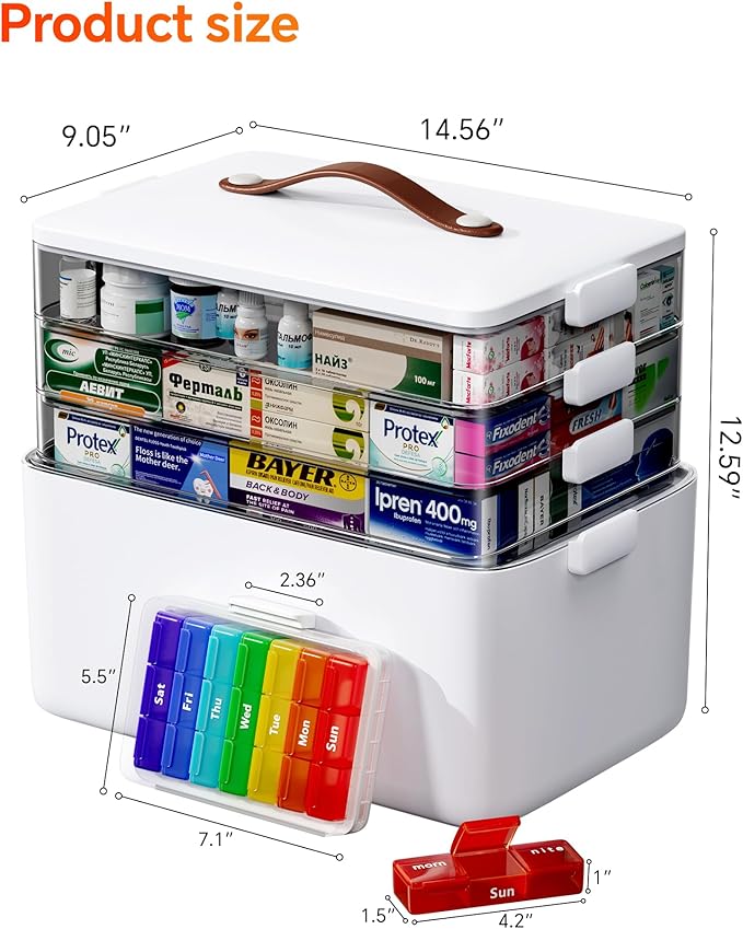 4-Tier Medicine Cabinet Organizer with Leather Handle, Empty Plastic First Aid Kit, Multipurpose Storage Box with A Portable Weekly Pill Organizer for Family Emergencies, Home, Travel, White
