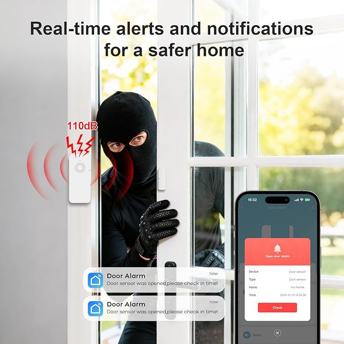 Wireless Door and Window Alarm Sensor,120dB Requires PGST Hub (not 3rd-Party),Zigbee Connection,Smart Life or Tuya APP Control,3 Years Battery Life,Easy to Install,for Basement,Garage,Warehouse
