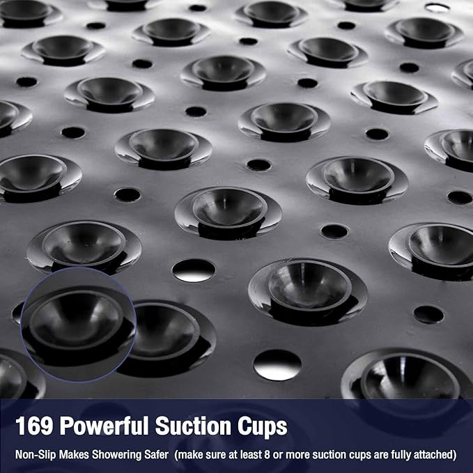 Black Square Shower Bathtub Mat Non Slip 21x21 Inch, Soft Bath Mat for Inside Shower Tub, Shower Stall Mats for Bathroom Floor, Big Suction Cups Drain Holes, Easy Washable and Dry, BPA-Free