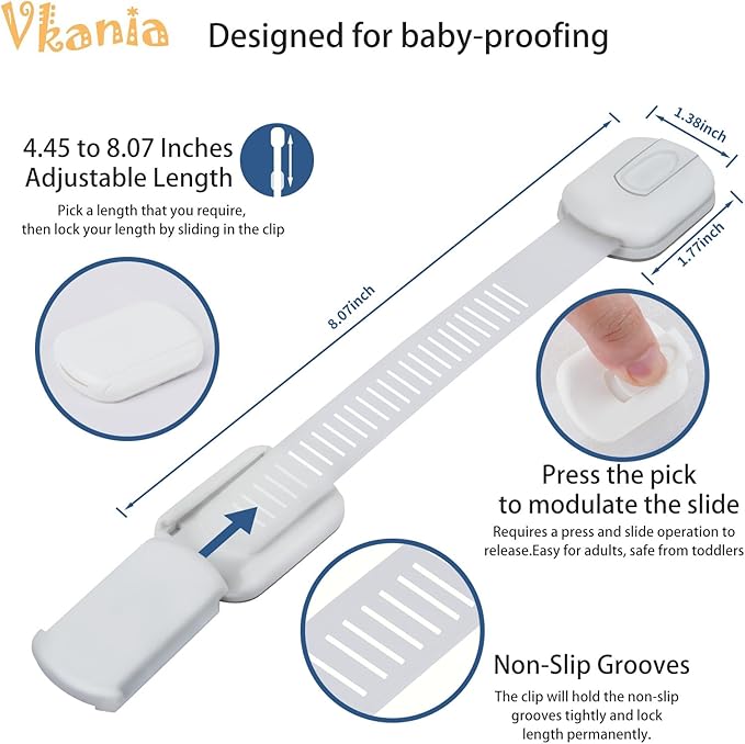 8 Pack Vkania Baby Proofing Cabinet Strap Locks - Child Safety Drawer Cupboard Oven Refrigerator Adhesive Locks - Adjustable Toilets Seat Fridge Latches - Kids Proof Kit - No Drilling
