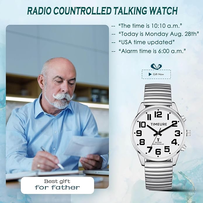 Men's Atomic Talking Watch, Talking Time/Date/Day, Alarm Setting, Automatically Calibrates, for Visually Impaired and Elderly, 2309M(Silver)