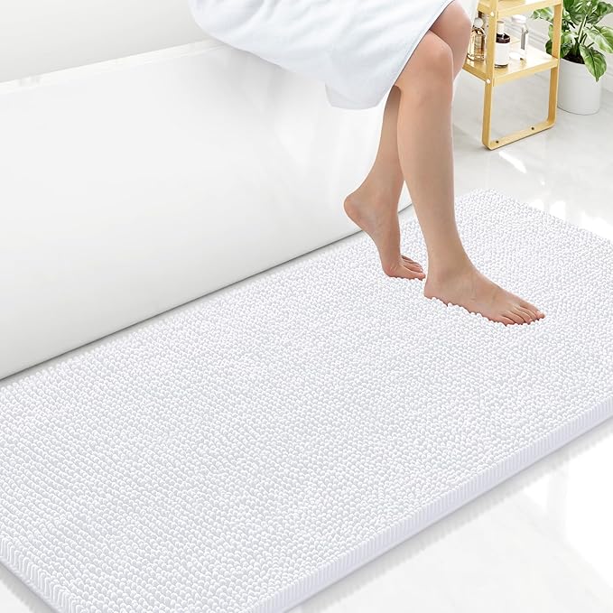 Arotive Bathroom Rugs 47x24, Extra Soft Absorbent Shaggy Chenille Bath Rugs, Machine Washable Rubber Backing Non-Slip Bath Mats for Bathroom Floor Tub and Shower, Home Decor Accessories, White