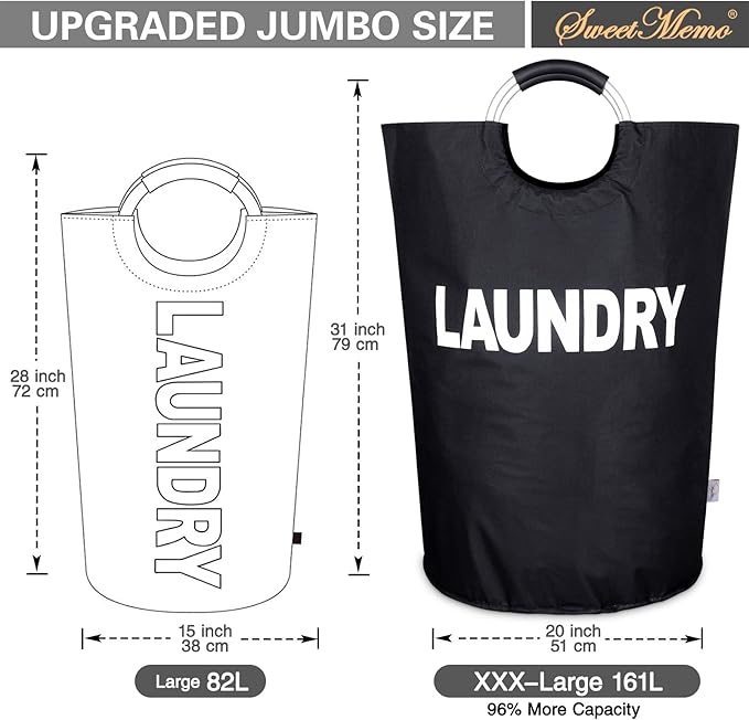Laundry Basket Collapsible，Freestanding Clothes Hamper Bag with Handles – Tall Folding Dirty Laundry Bin，Sturdy Laundry Sorter for College Dorm，Laundry Room – Jumbo Size 161L (Black)