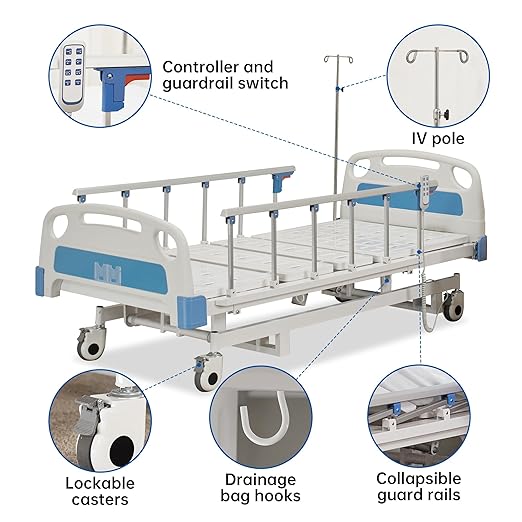 Premium 3 Function Electric Hospital ICU Bed with Mattress & IV Pole.