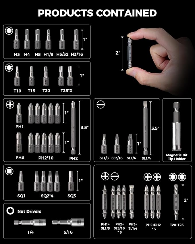toolant Magnetic Screwdriver Bit Set, Impact Driver Bit Set, 1/4'' Hex S2 Steel Impact Driver Bit Set with Storage Box, 46-Piece