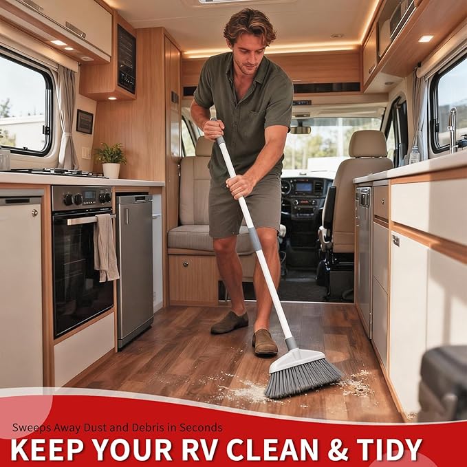 Collapsible Broom for RV, Telescoping Broom with Adjustable Handle, Lightweight and Portable, PET Bristles Sweep Fine Dust, with Hanging Hole, Ideal for Floors, Kitchen, Camping and Outdoor Use