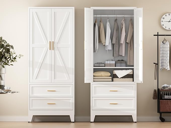 COFaR 71 Farmhouse Metal Wardrobe Closet with Hanging Rod