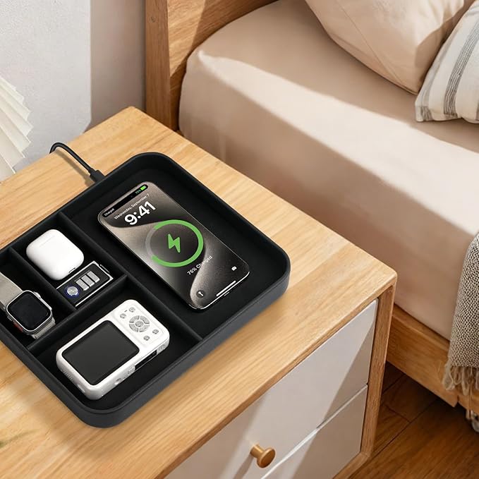 Birthday Gifts Bedside Organiser-Faux Leather Valet Tray With Wireless Charger For Phone And Earbuds,Nightstand Organizer,Mens Jewelry Box,Office Desk Organizers