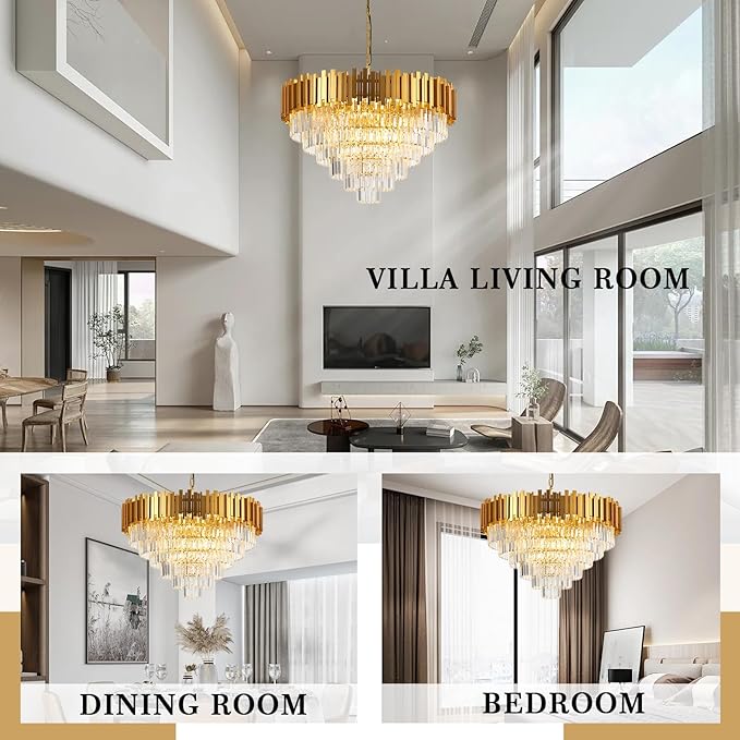 18-Lights 6 Tiers Gold Crystal Chandeliers Luxury 31.5" Modern Crystal Pendant Chandelier Round Hanging Lighting for Living Room Foyer High Ceiling Bedroom Restaurant
