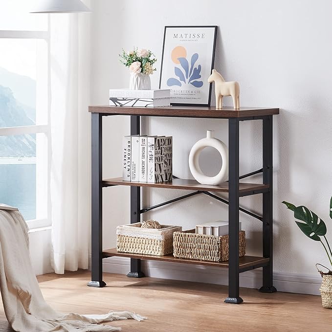 HOMBAZAAR 3 Tier Bookshelf,Rustic Brown Industrial Book Shelf,Engineered Wood and Metal Deep Bookcases,Low Shelf Bookcase for Living Room,Office,Bedroom and Kitchen
