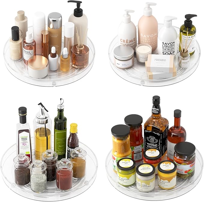 4 Pack Clear Lazy Susan Organizer, 11in Rotating Turntable Organizer, Cabinet Turntable Organizer, Rotating Lazy Susan for Kitchen, Fridge, Bathroom, Vanity Countertop