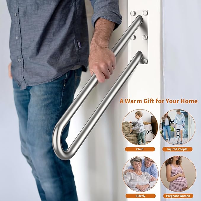 28 Inch U Shaped Handrail for 1-5 Steps - 1.25" Tube, ZUEXT Satin Brushed Nickel Stainless Steel Safety Grab Bar,Wall Mounted Handicap Hand Railing for Outdoor Garage Entry Interior Exterior Stairway