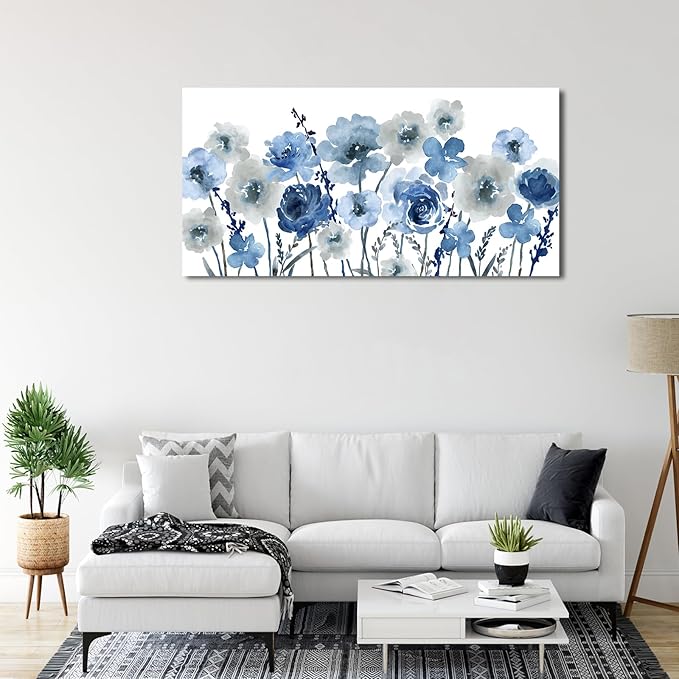 VEAEE Flowers Canvas Wall Art - Indigo Floral Canvas Pictures Living Room Wall Decor Botanical Canvas Prints Painting Abstract Artwork Bedroom Office Home Decor 24"x 48"
