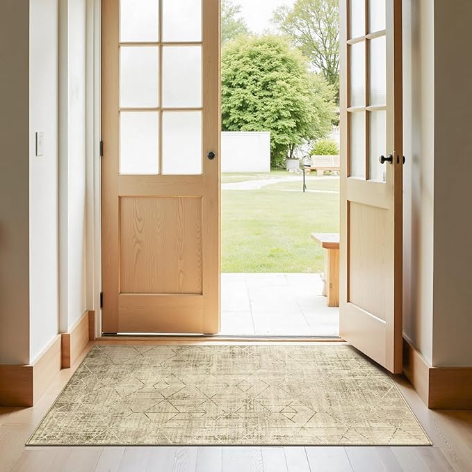 jinchan 3x5 Area Rugs for Entryway - Machine Washable Modern Rug Kitchen Soft Faux Wool Stain Resistant Non-Slip Ultra-Thin Low-Pile Geometric Carpet for Entrance Bedroom Living Room (3x5ft, Taupe)