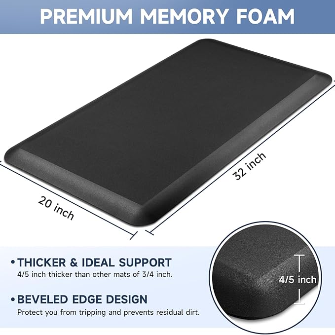 4/5 Inch Thick Kitchen Mats for Floor, StepRite Kitchen Rug for Standing Desk, Non-Slip, Thicker, Stain & Water Resistant, Comfort Anti Fatigue Floor Mat for Home, Kitchen, Office - Black, 32 * 20''