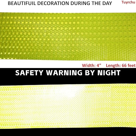Fluorescent Yellow Reflective Tape 4 inch Wide, Outdoor Waterproof Hazard Conspicuity Warning Industrial Marking Tape (66 feet)