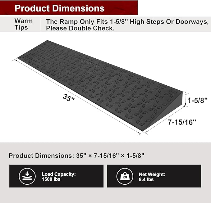 Ruedamann 1.6" Rise Threshold Ramps for Doorways, Sturdy Rubber Threshold Ramp, Non-Slip Ramp for Wheelchair for Home, Adjustable and Cuttable for Wheelchairs, Scooters, Sweepers, Curbs