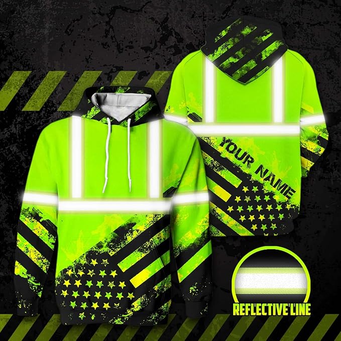 US Flag High Visibility Hoodie for Men Reflective Hoodie Safety Workwear for Worker Runner Patriotic ACC02