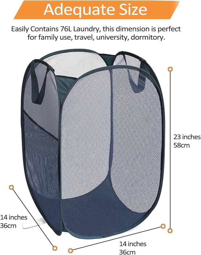 2 Pack Durable Collapsible Laundry Baskets - Reinforced Mesh Pop Up Laundry Hamper with Pocket, Foldable Dirty Clothes Hamper with Carry Handles for Laundry, Bathroom, Kids Room, Dorm or Travel Navy