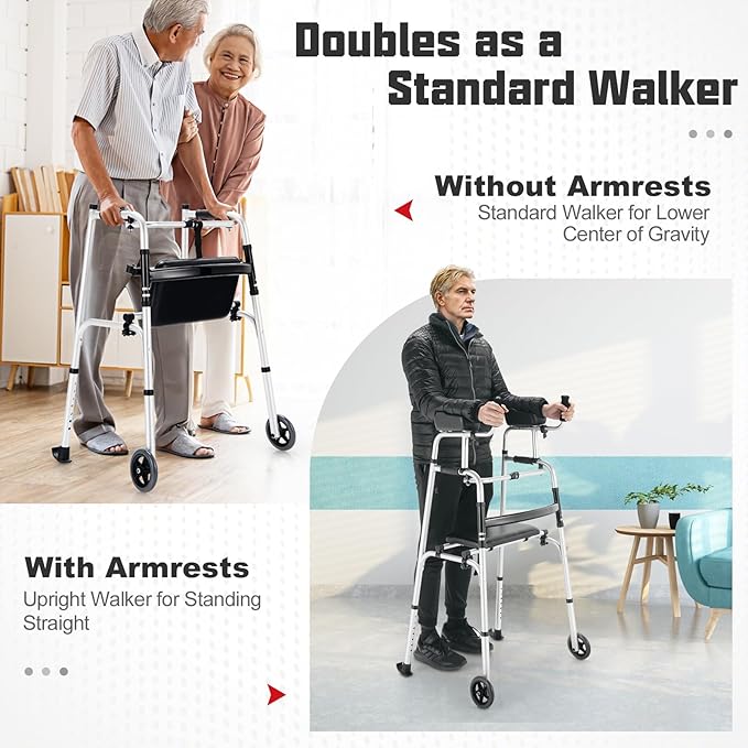 Folding Walkers for Seniors, Upright Walker with Seat, Removable Arm Support & 5" Wheels, Height Adjustable Platform Walker Mobility Aid for Elderly