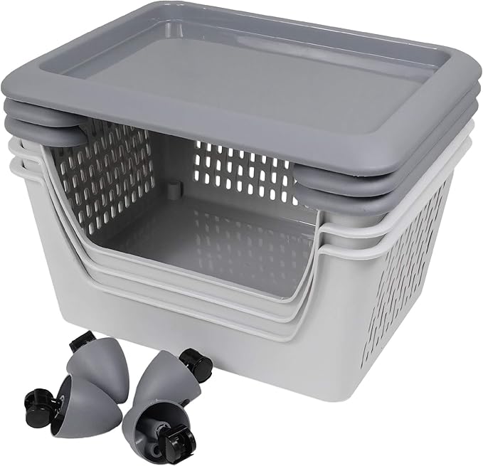 Gray Plastic Stacking Organizer Basket with Wheels, 3-Tier Multi-function Stackable Storage Basket
