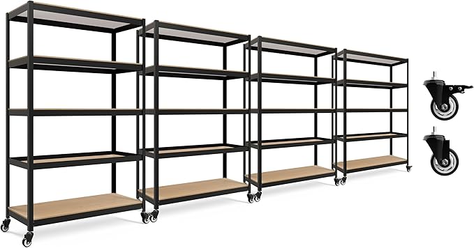 HOMEDANT House 5-Tier Metal Rolling Cart Shelf Rack Casters Heavy Duty Laminated Wheel Shelving Unit Adjustable Utility Storage Shelves Organizer Shelf Kitchen Garage (4, (L) 48.1" W, Black)